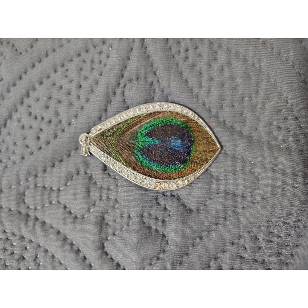 Peacock Feather Teardrop Pendant Silver‎ Tone Crystal Halo Boho Statement Charm
